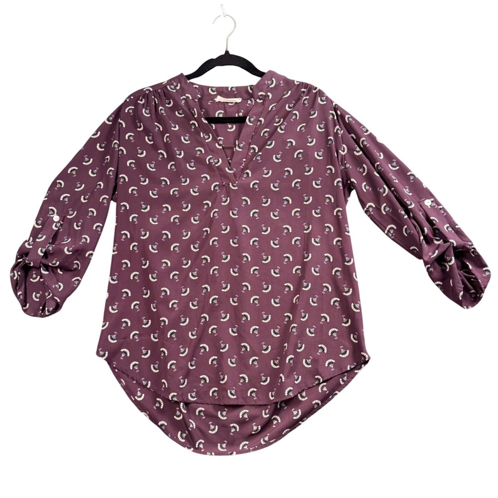 Entro Boho Floral Blouse Purple Y2K V Neck Roll Tab Sleeve Top‎ M